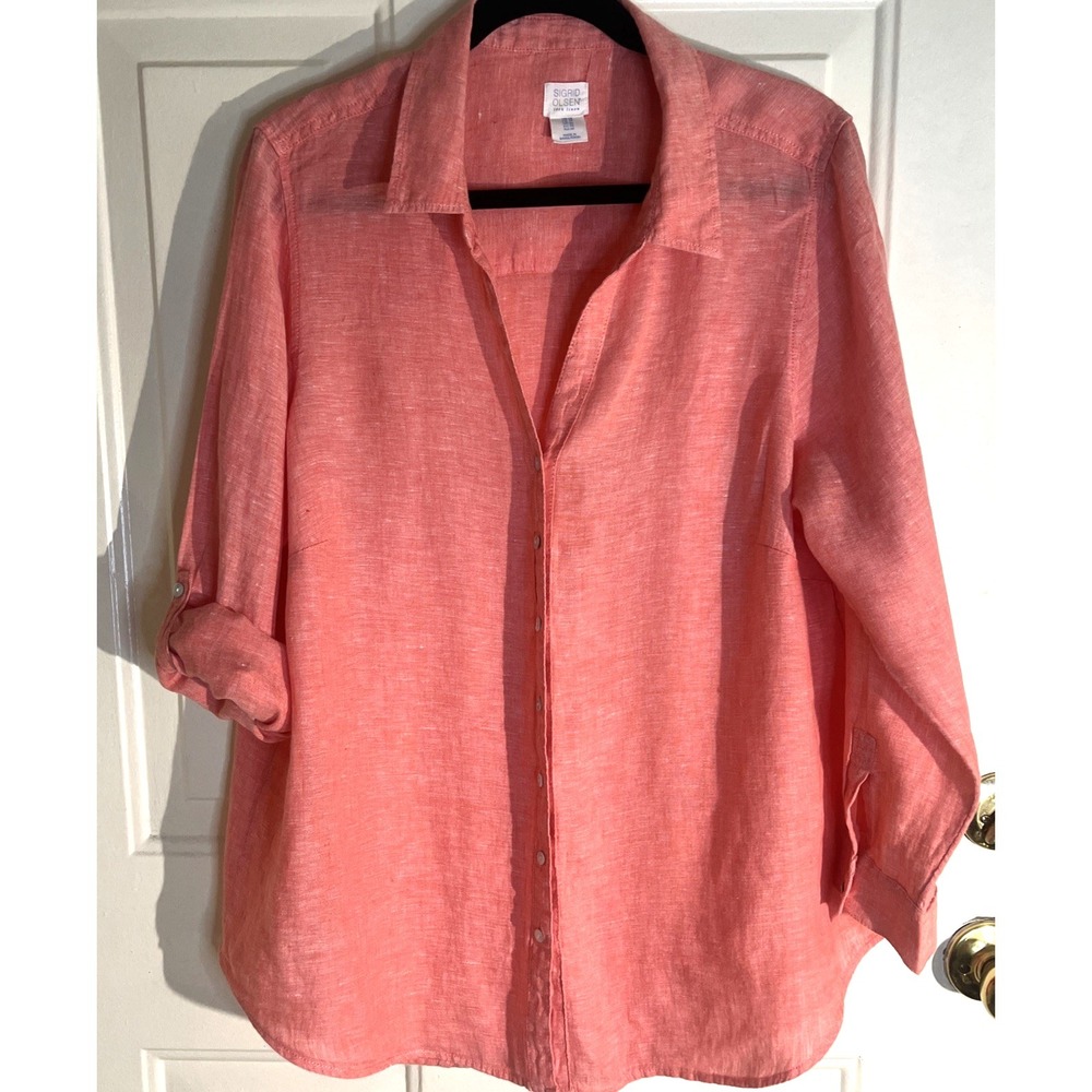 Sigrid Olsen 100% Linen Peach Button‑Up Roll Tab Sleeve Tunic Top Women's 1X